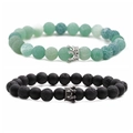 Detail view of crown charms on volcanic lava stone and green agate beaded bracelets - Style 4 White Gold Crown Set