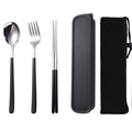 Portable 304 stainless steel cutlery set with black storage box and mesh bag - Black Silver Spoon Chopsticks Fork 3-piece Set with Mesh Bag
