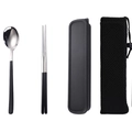 Portable black stainless steel cutlery set with spoons, chopsticks, and carrying case - Black Silver Spoon Chopsticks 2-piece Set with Mesh Bag