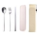 Portable 304 stainless steel cutlery set with beige storage box and mesh travel bag - Silver Color Spoon Chopsticks Fork 3-piece Set with Mesh Bag