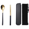 304 stainless steel cutlery set with black handle, golden spoon, and portable mesh bag - Black Gold Spoon Chopsticks 2-piece Set with Mesh Bag
