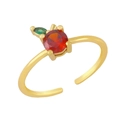 Adjustable gold apple ring with vibrant red round crystal and green leaf gemstone - Adjustable Open / Orange