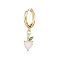 Chic gold huggie earring with pink heart gemstone and green leaf charm - Pink Peach Style (Sold Individually) (EH00069)