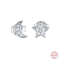 Minimalist S925 sterling silver moon and star stud earrings with sparkly zircon accents - White Gold