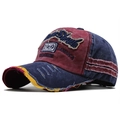 Vintage 1969 embroidery washed denim baseball cap in red and blue patchwork design - Navy Blue + Wine Red