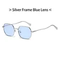 Polygonal metal sunglasses with silver frame and light blue lenses for a modern street look - Silver Frame Blue Lens