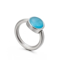 Minimalist silver titanium steel ring with a round polished blue cat eye gemstone inlay - Sky Blue Cat Eye (KR82281-K)