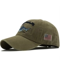 Army green washed cotton baseball cap with shark embroidery and US flag patch - Adjustable / Khaki
