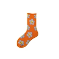 Orange mid-calf cotton socks with blue sun flowers and yellow smiling face pattern - One Size / Orange