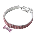 Pink rhinestone pet collar with three rows of crystals and a bone charm - S / Bone Pink