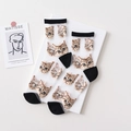 Sheer white mesh socks featuring cute brown cat patterns with black contrast heel and toe - Women's 35-39 / Black