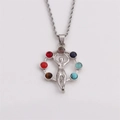 Detailed shot of silver chakra necklace featuring a yoga figure pendant with seven gemstones - Yoga Figure Style (ANSN00134)