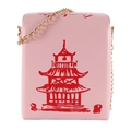 Detail of pink takeout box crossbody bag with red pagoda print and gold chain strap - Pink