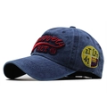 Close-up of vintage navy washed cotton baseball cap with red 3ET embroidery and side patch - Adjustable / Navy Blue