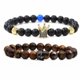 Tiger eye and matte black beaded bracelet set with gold and black crown charms - Gold Blue Zirconia Crown Set