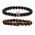 Bracciali in occhio di tigre e perle nere opache con ciondoli a corona per coppie - Set Corona in Zircone Nero Oro Rosa