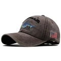 Close-up of vintage washed cotton baseball cap with shark embroidery and US flag detail - Adjustable / Burgundy