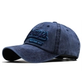 Detail of embroidered Always New York City logo on navy blue washed cotton baseball cap - Navy Blue