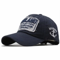 Detail of navy blue cotton baseball cap with anchor embroidery and vintage patch - Navy Blue