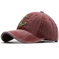 Close-up of deep red washed denim baseball cap with anchor embroidery and vintage texture - Adjustable / Burgundy