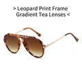 Aviator sunglasses featuring leopard print frames with gradient brown lenses and gold metal arms - Leopard Frame Gradient Tea Lens