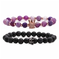 Tiger eye and lava stone crown beaded bracelets set for couples in black and purple tones - Weathered Stone Crown Set