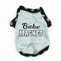 Close-up of gray pet sweatshirt with Babe MAGNET print and checkered ribbed edges - Grey Fleece Babe Magnet