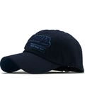 Detail of navy cotton baseball cap featuring blue Ways embroidery and New York City patch - Adjustable / Navy Blue