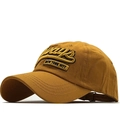 Detail of 3D embroidery on yellow cotton baseball cap with adjustable metal buckle - Adjustable / Orange