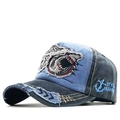 Gorra de béisbol de mezclilla lavada vintage con bordado de tiburón y parche de ancla - Estilo de Parches de Bordado de Tiburón / Azul