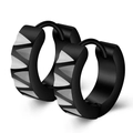 Detail of 4mm black stainless steel hoop earrings with silver serrated triangular patterns - 10-Black Silver Zigzag