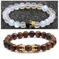 Moonstone and Tiger Eye bead bracelet set with golden crown charms for couples - Tiger Eye Moonstone Crown Set B