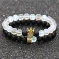 Moonstone and black frosted stone beaded crown couple bracelets set on starry background - Moonstone Crown Set A