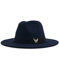 Dark blue wool fedora hat featuring a black ribbon and gold eagle metal badge - Adjustable / Navy Blue