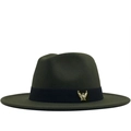 Dark green wool fedora hat with a black ribbon band and golden eagle metal badge accessory - Adjustable / Green