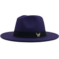 Detail of dark purple wool fedora hat with black ribbon and golden eagle emblem - Adjustable / Purple