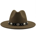 Brown wool fedora hat with black leather belt featuring vintage silver metal ornaments - Adjustable / Khaki