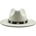 White wool fedora hat featuring a black leather belt with vintage metal concho accents - Adjustable / White