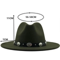 Olive green wool fedora with black leather belt and silver buckles on white background - Adjustable (56-58cm) / Green