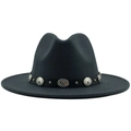 Detail of dark grey fedora hat with metallic rivets and vintage belt on wide brim - Adjustable / Dark Gray