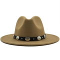 Close-up of camel wool fedora hat with vintage metal buckles and black leather band - Adjustable / Camel