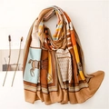 Carriage print linen-feel scarf in caramel and blue tones for sun protection - Khaki (Horse Carriage Print)