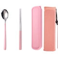 Pink 304 stainless steel travel cutlery set with portable case and mesh storage bag - Pink Silver Spoon Chopsticks 2-piece Set with Mesh Bag