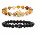 Set de bracelets en œil de tigre et pierre de lave mate avec breloques couronne - Ensemble Couronne Agate Crazy