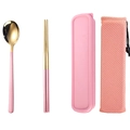 Pink and gold 304 stainless steel cutlery set with portable case and mesh storage bag - Pink Gold Spoon Chopsticks 2-piece Set with Mesh Bag