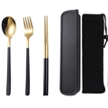Portable 3-piece 304 stainless steel cutlery set with spoon, fork, and black gold chopsticks - Black Gold Spoon Chopsticks Fork 3-piece Set with Mesh Bag