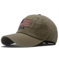 Classic khaki washed cotton baseball cap with USA flag and 3D embroidery on front - Adjustable / Khaki