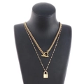 Double-layered gold padlock necklace featuring chunky Cuban links and a toggle clasp - Gold Color Style (KN1196552-Z)