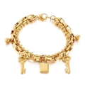 Dubbellaagse gouden titanium stalen armband met kralenketting en hanger van slot en sleutel - Plat Hangslot (KB144870-Z) / Goud