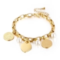 Golden chunky chain bracelet featuring white pearl charms and a smooth heart pendant - Heart Coin Pearl Pendant Style (KB148190-Z) / Gold